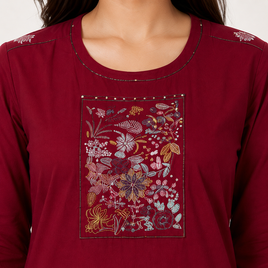 Maroon Rayon Thread Work Straight Kurti