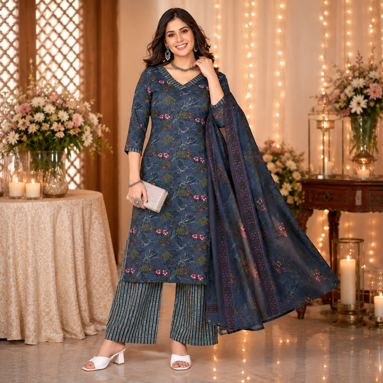 Dark Blue Floral Printed Pure Cotton Kurta Set with Dupatta