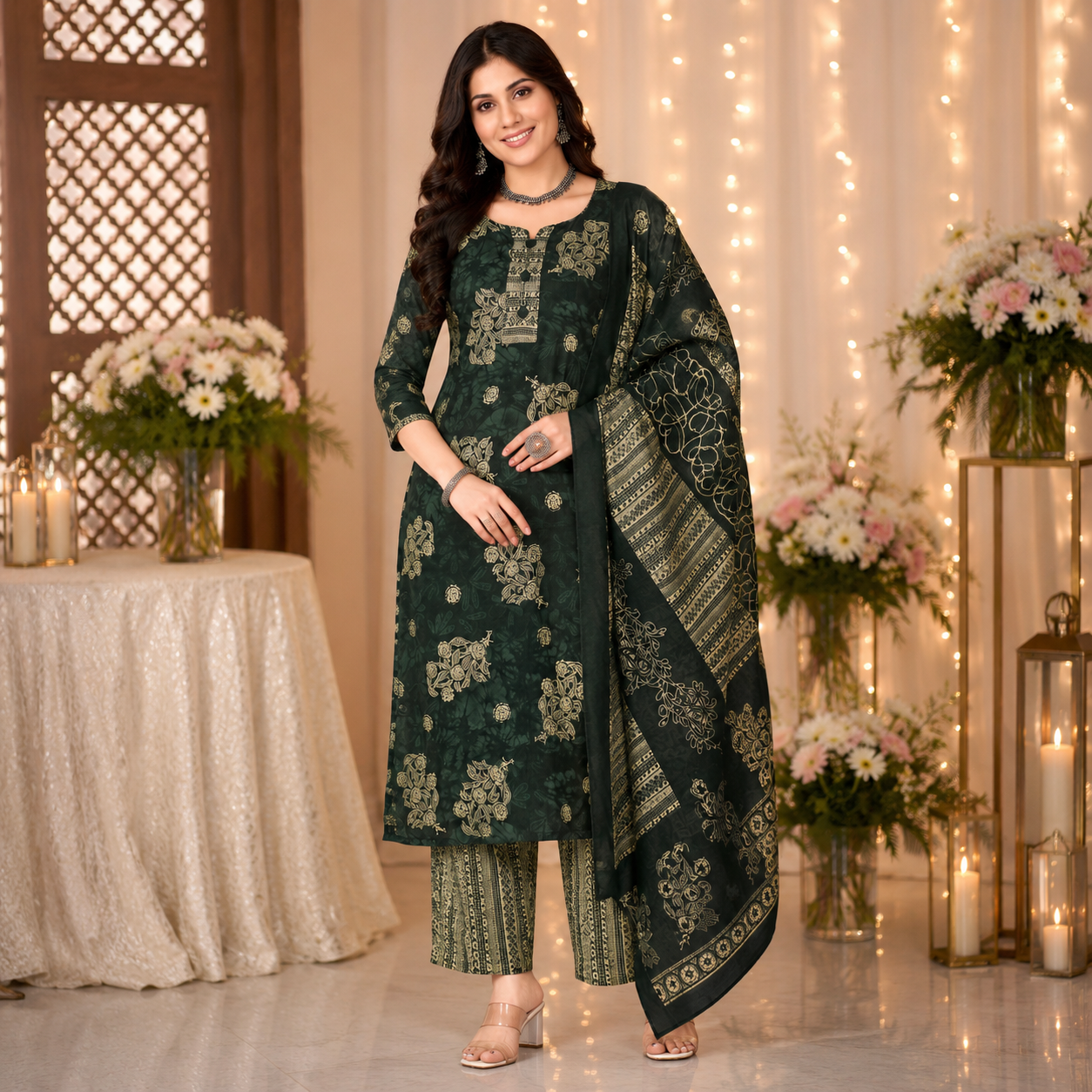 Dark Green Floral Printed Pure Cotton Kurta Set with Dupatta