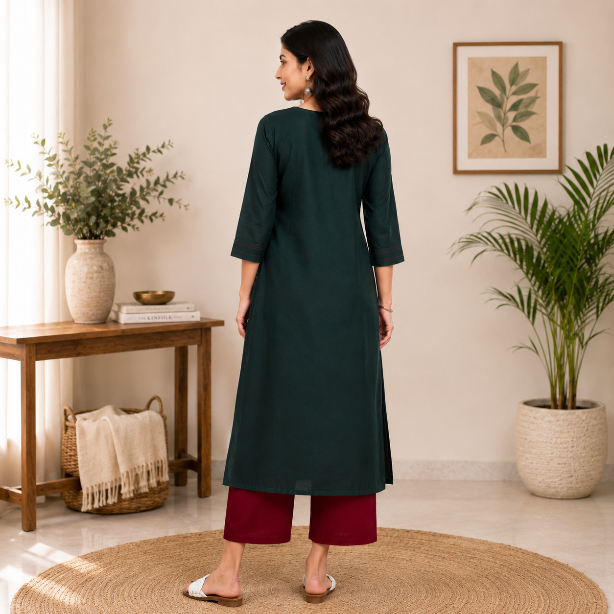 Dark Green Embroidered Cotton Kurti