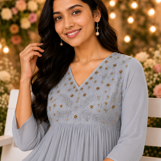 Pastel Grey Beads Worked Georgette A-Line Kurti