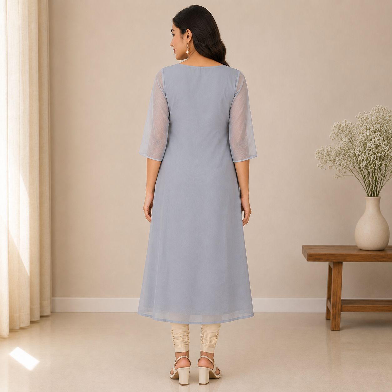 Pastel Grey Beads Worked Georgette A-Line Kurti