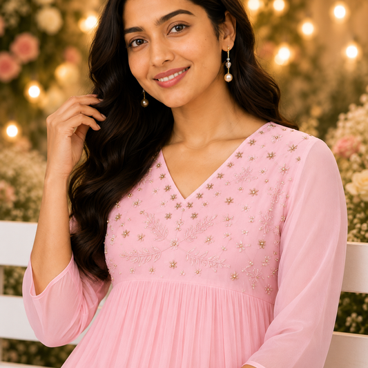 Pink Beads Worked Georgette A-Line Kurti