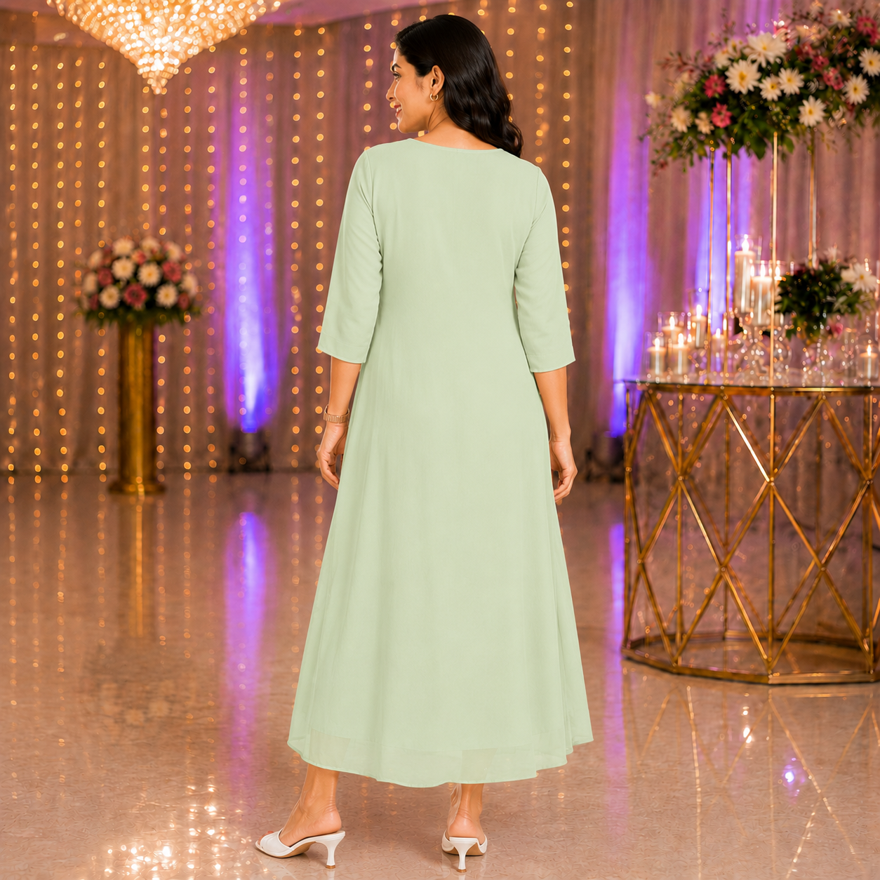 Sage Green Georgette A-Line Kurti with Beads Work