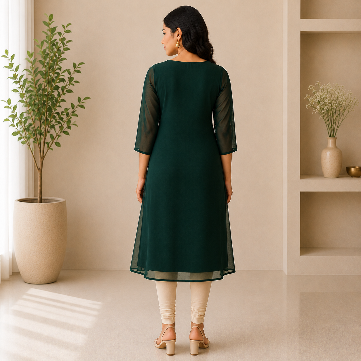 Dark Green Georgette A-Line Kurti with Honeycomb Beads Work