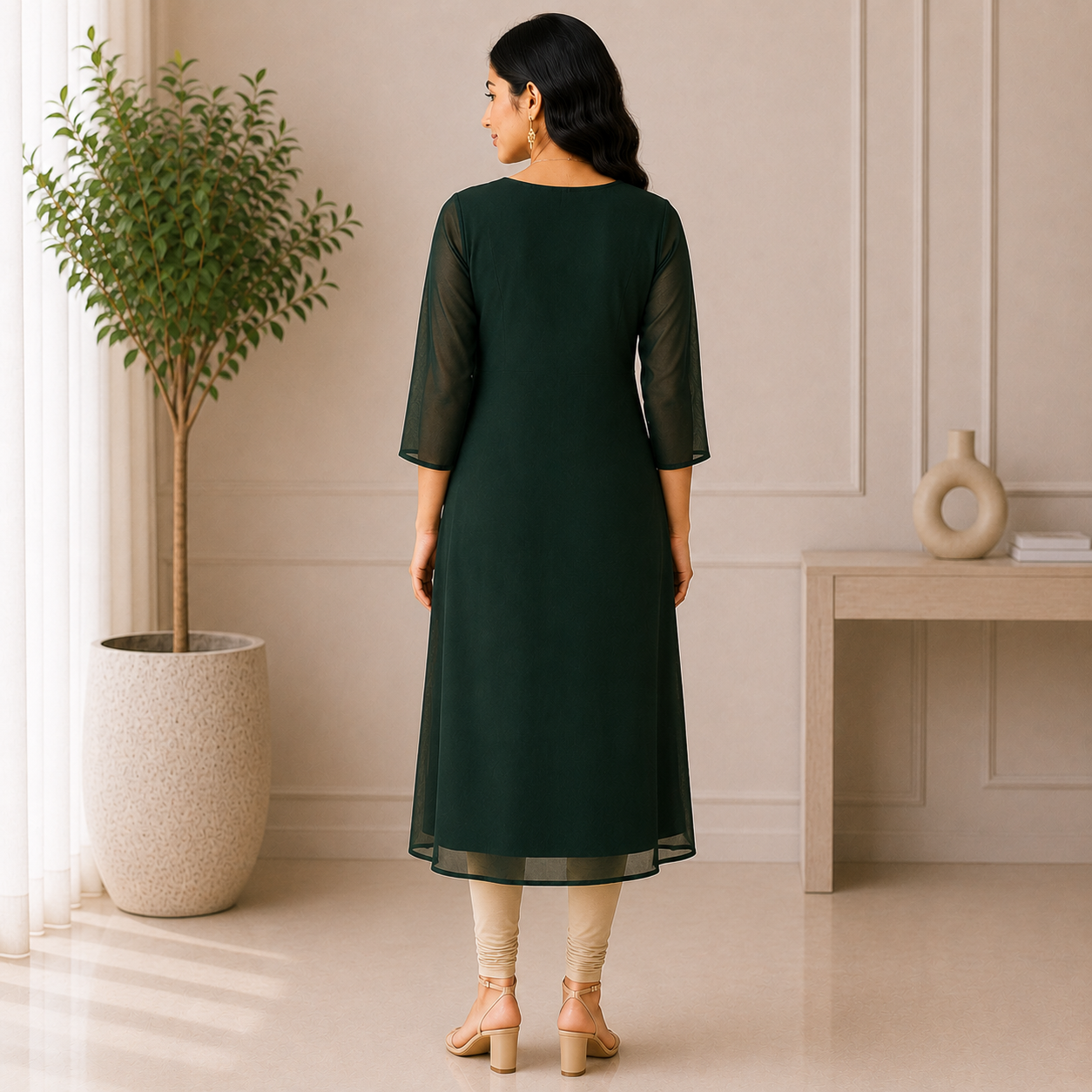 Dark Green Georgette A-Line Kurti with Floral Beads Work