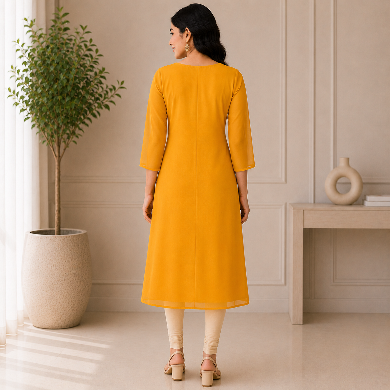Mustard Yellow Georgette A-Line Kurti with Floral Beads Work