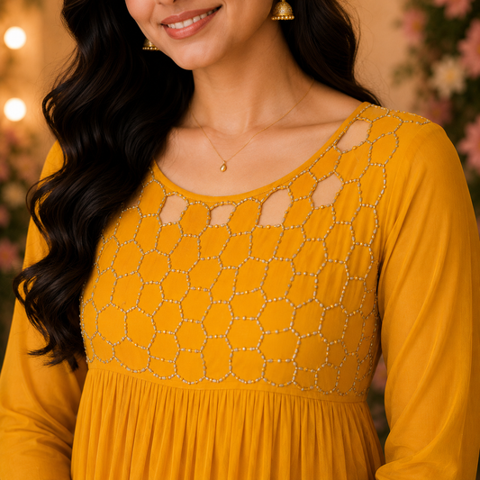 Mustard Yellow Georgette A-Line Kurti with Honeycomb Beads Work