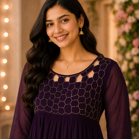 Wine Georgette A-Line Kurti with Honeycomb Beads Work