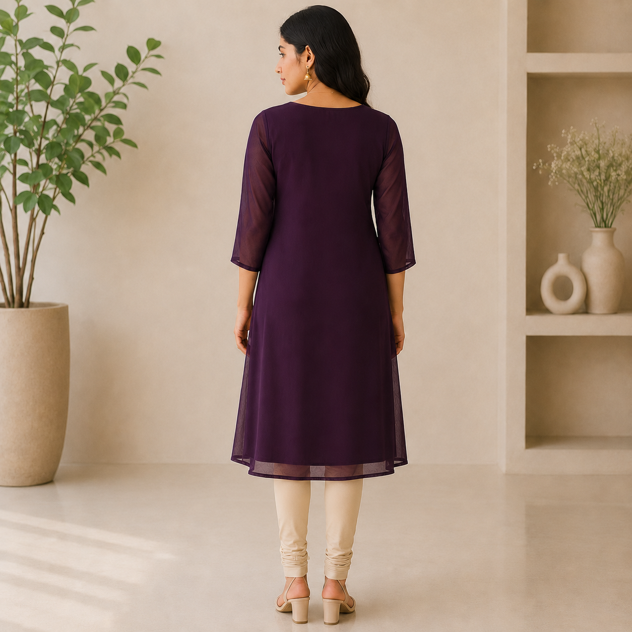 Wine Georgette A-Line Kurti with Honeycomb Beads Work