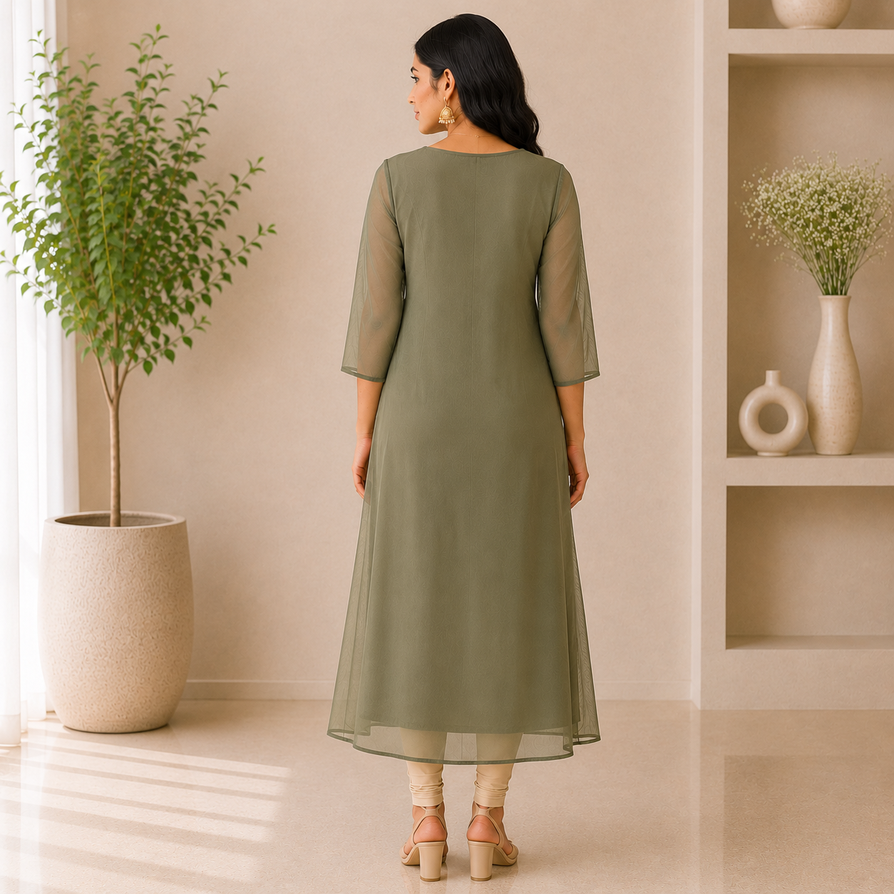 Georgette A-Line Kurti with V-Neck Beads Work