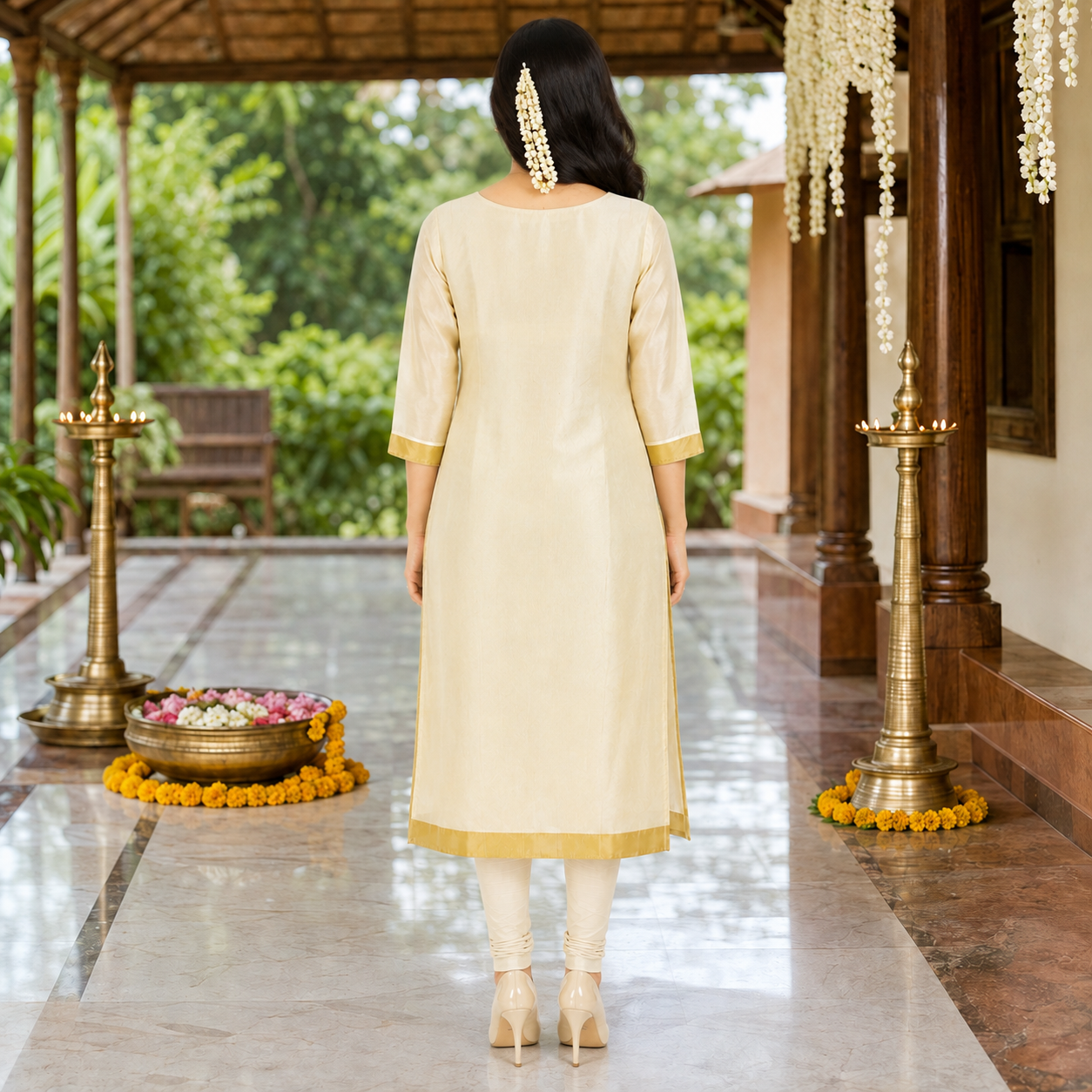 Tissue Silk Kurti with Golden Orange Cut Beads Work