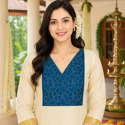 Tissue Silk Kurti with Teal Blue Cut Beads Work