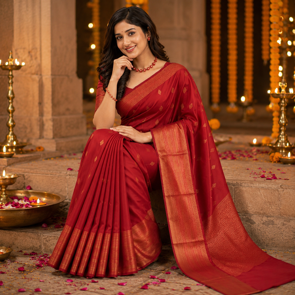 Ruby Red Jacquard Work Soft Lichi Silk Saree
