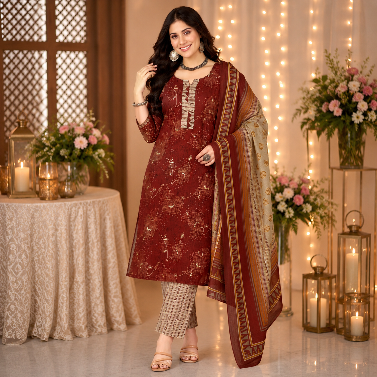 Rust Maroon Floral Printed Pure Cotton Kurta Set with Dupatta