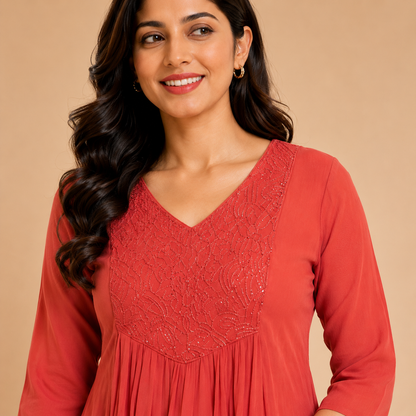 Dark Peach Beads Work A-Line Georgette Dress