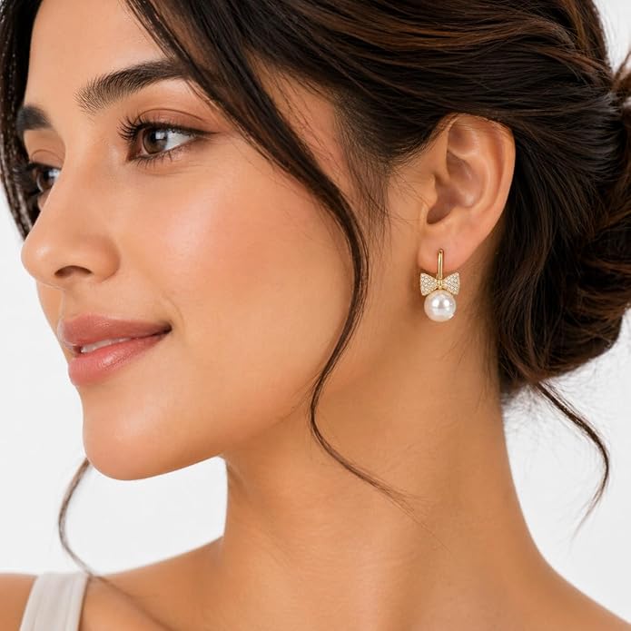 Korean Gold Plated Pearl Bow Drop Earring