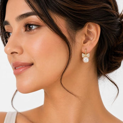 Korean Gold Plated Pearl Bow Drop Earring