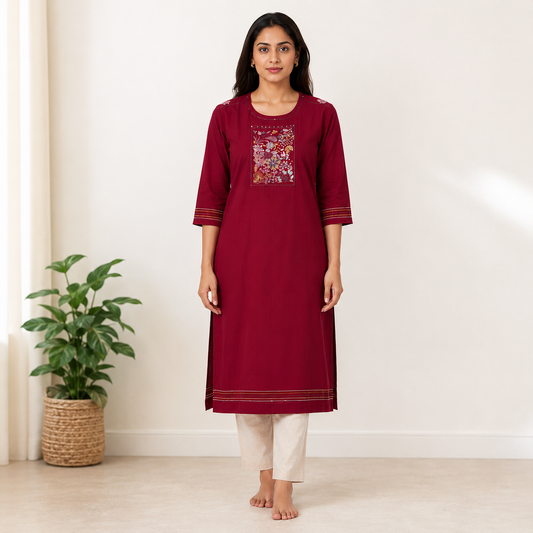 Maroon Rayon Thread Work Straight Kurti