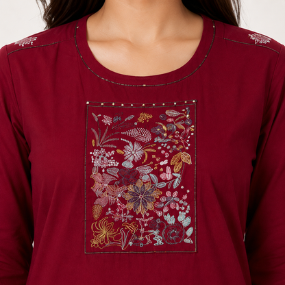 Maroon Rayon Thread Work Straight Kurti