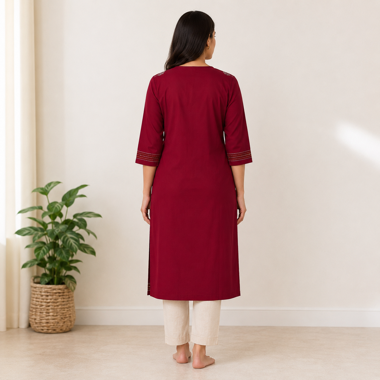 Maroon Rayon Thread Work Straight Kurti
