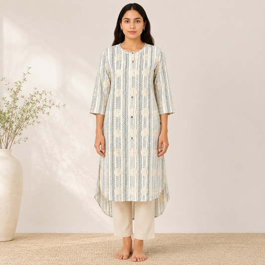 White Printed Cotton Blend Kurti