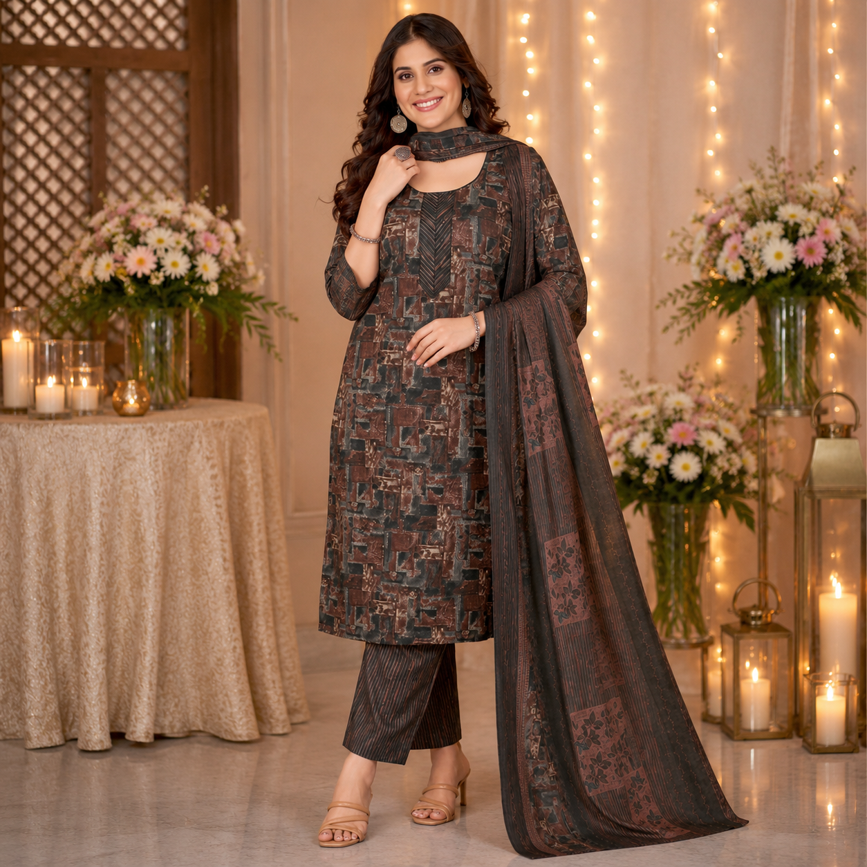 Brown Black Floral Printed Pure Cotton Kurta Set with Dupatta