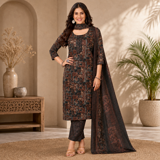 Brown Black Floral Printed Pure Cotton Kurta Set with Dupatta