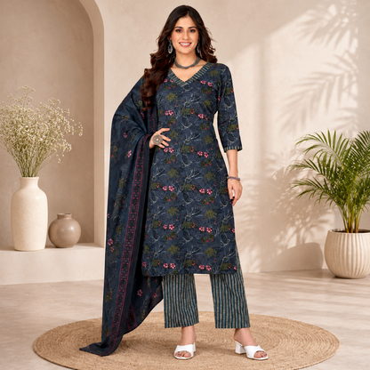Dark Blue Floral Printed Pure Cotton Kurta Set with Dupatta