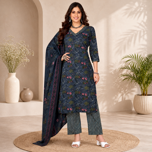 Dark Blue Floral Printed Pure Cotton Kurta Set with Dupatta