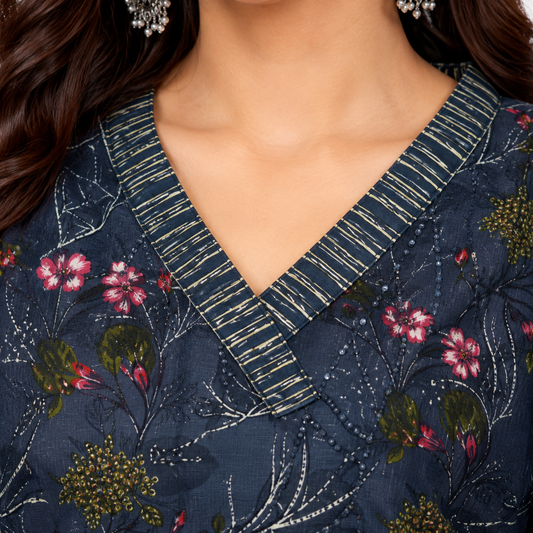 Dark Blue Floral Printed Pure Cotton Kurta Set with Dupatta