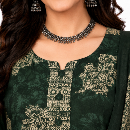 Dark Green Floral Printed Pure Cotton Kurta Set with Dupatta
