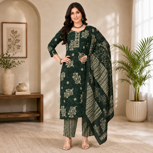 Dark Green Floral Printed Pure Cotton Kurta Set with Dupatta