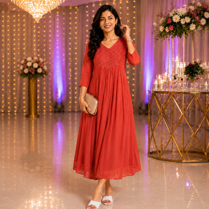 Dark Peach Beads Work A-Line Georgette Dress