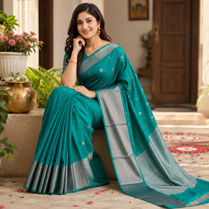 Emerald Teal Jacquard Work Soft Lichi Silk Saree