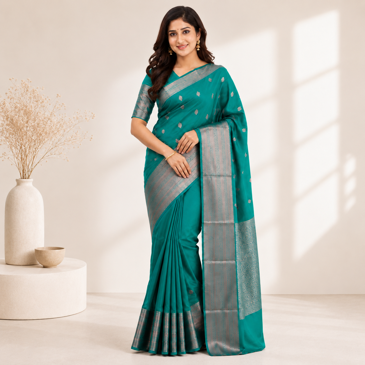 Emerald Teal Jacquard Work Soft Lichi Silk Saree