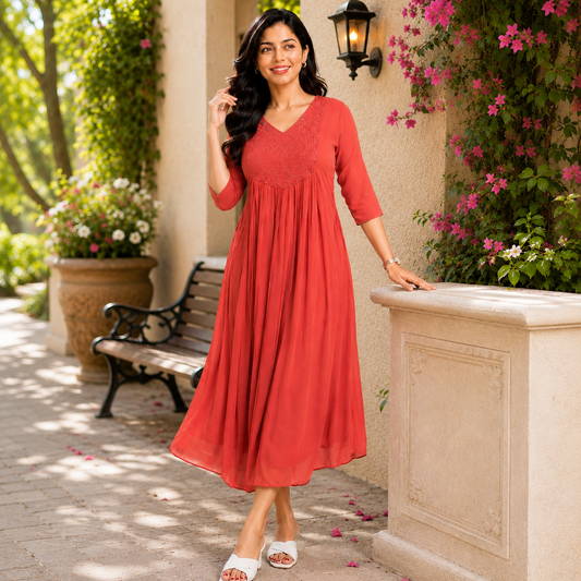 Dark Peach Beads Work A-Line Georgette Dress