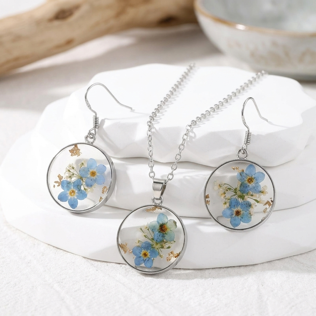 French Style Pressed Flower Resin Jewellery Set