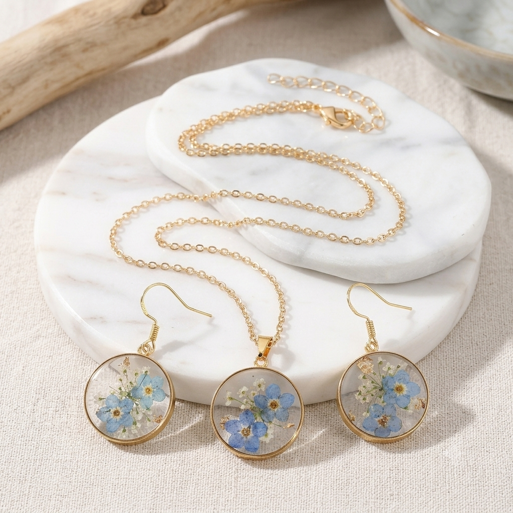 French Style Pressed Flower Resin Jewellery Set