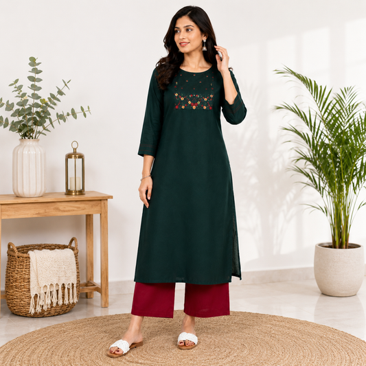Dark Green Embroidered Cotton Kurti
