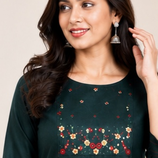 Dark Green Embroidered Cotton Kurti