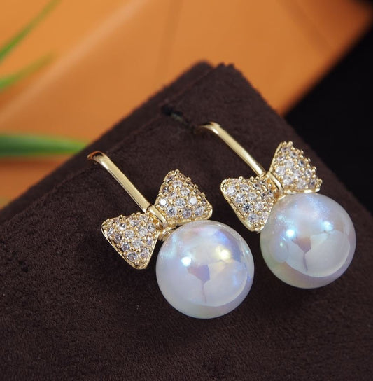 Korean Gold Plated Pearl Bow Drop Earring