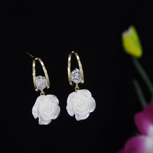 Korean Gold/Silver/Rosegold Plated White Shell Rose CZ Drop Earring