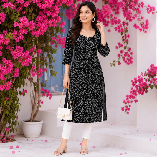 Black Fully Embroidered Cotton Kurti