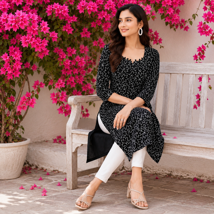 Black Fully Embroidered Cotton Kurti