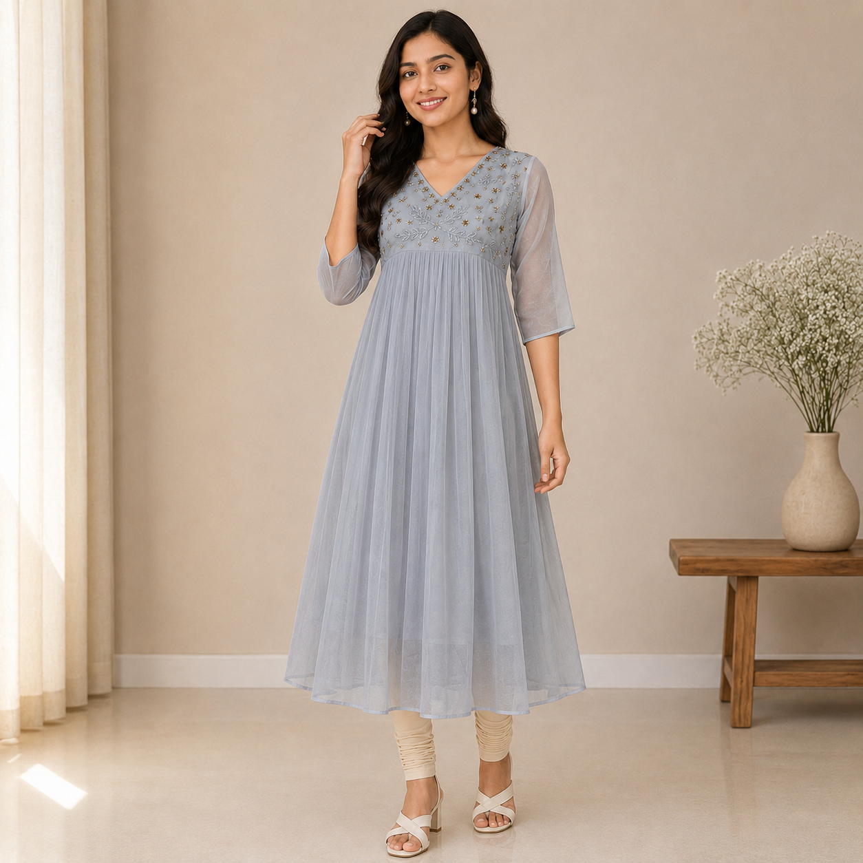 Pastel Grey Beads Worked Georgette A-Line Kurti
