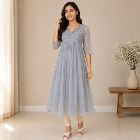 Pastel Grey Beads Worked Georgette A-Line Kurti