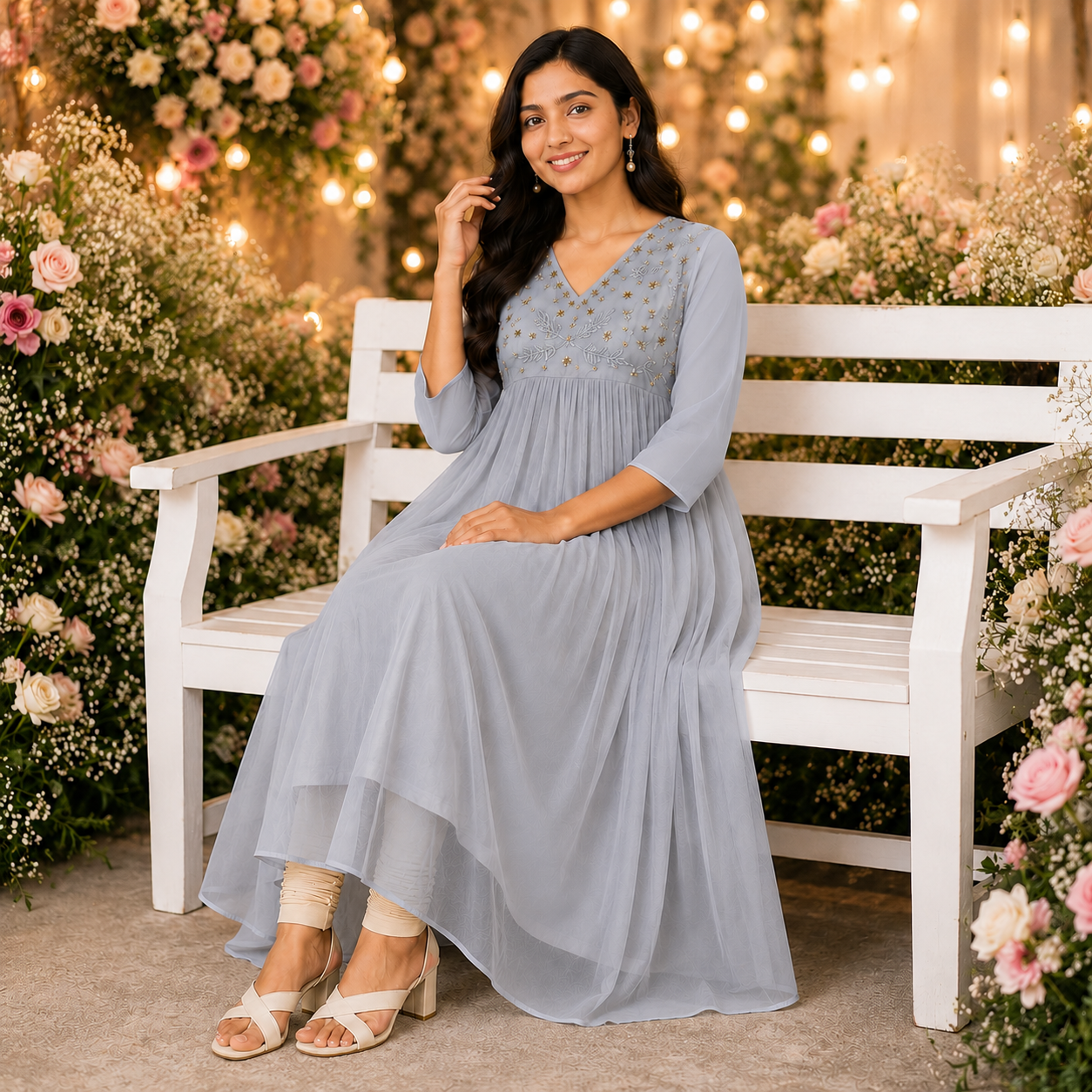 Pastel Grey Beads Worked Georgette A-Line Kurti