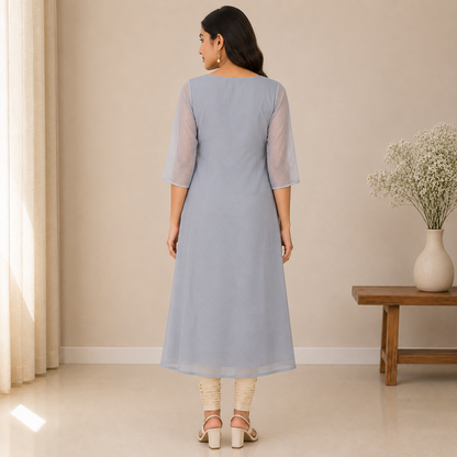 Pastel Grey Beads Worked Georgette A-Line Kurti