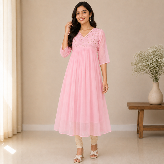Pink Beads Worked Georgette A-Line Kurti